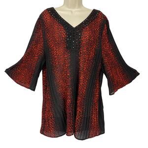 Catherines Tunic Top 2X 24W Black Red Dot Ombre Stripe Beaded Sheer Glam Dressy